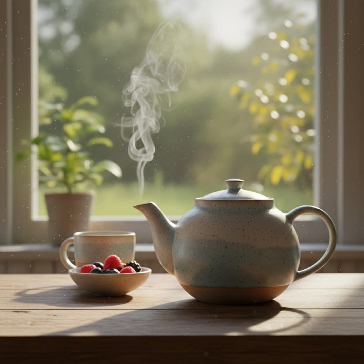 A ceramic teapot with steam, morning light — generated with Nano Banana