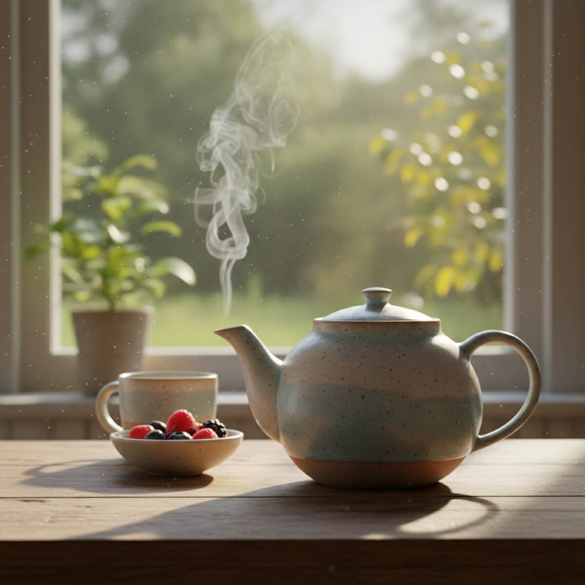 A ceramic teapot with steam, morning light — generated with Nano Banana